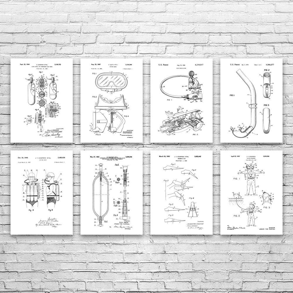 Scuba Diving Patent Wall Art Set of 8 Poster, Canvas or Framed Swimming Gifts - Picture 11 of 12