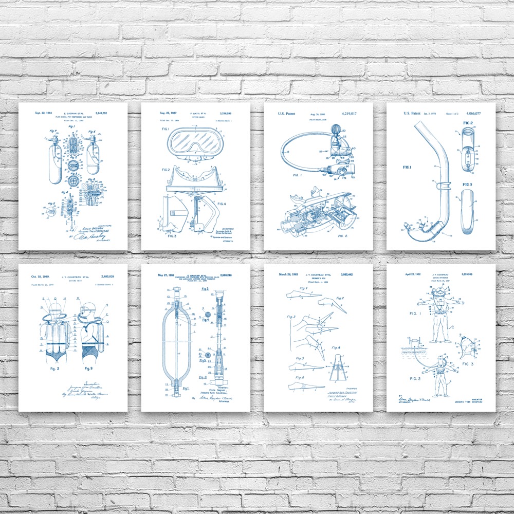 Scuba Diving Patent Wall Art Set of 8 Poster, Canvas or Framed Swimming Gifts - Picture 12 of 12