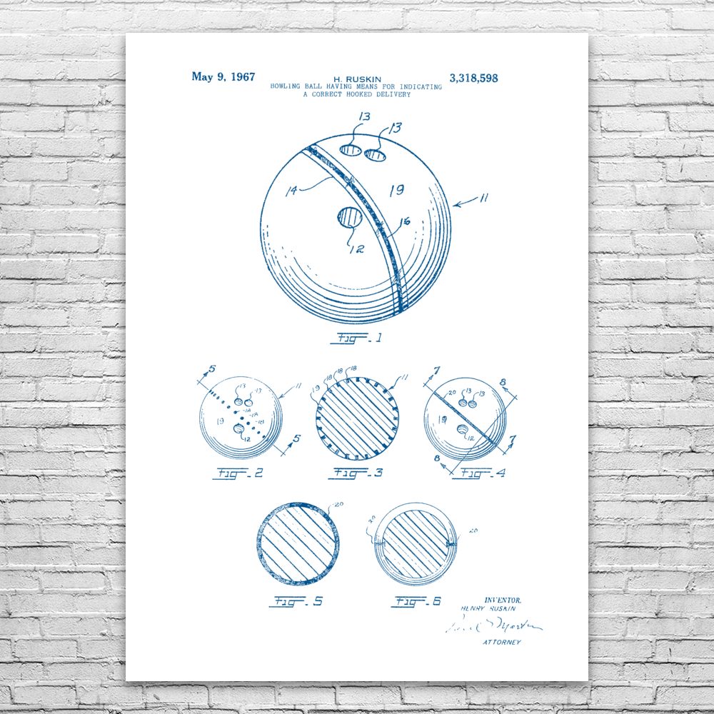 Bowling Ball Patent Print Poster Bowling Decoration Garage Art Gifts For Bowlers