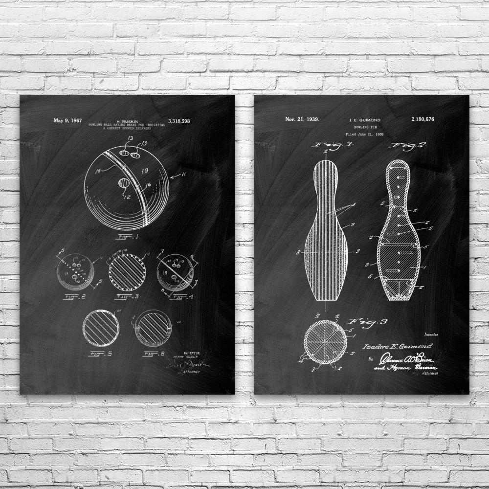 Bowling Patent Wall Art Set of 2 Poster, Canvas or Framed Bowling Decoration