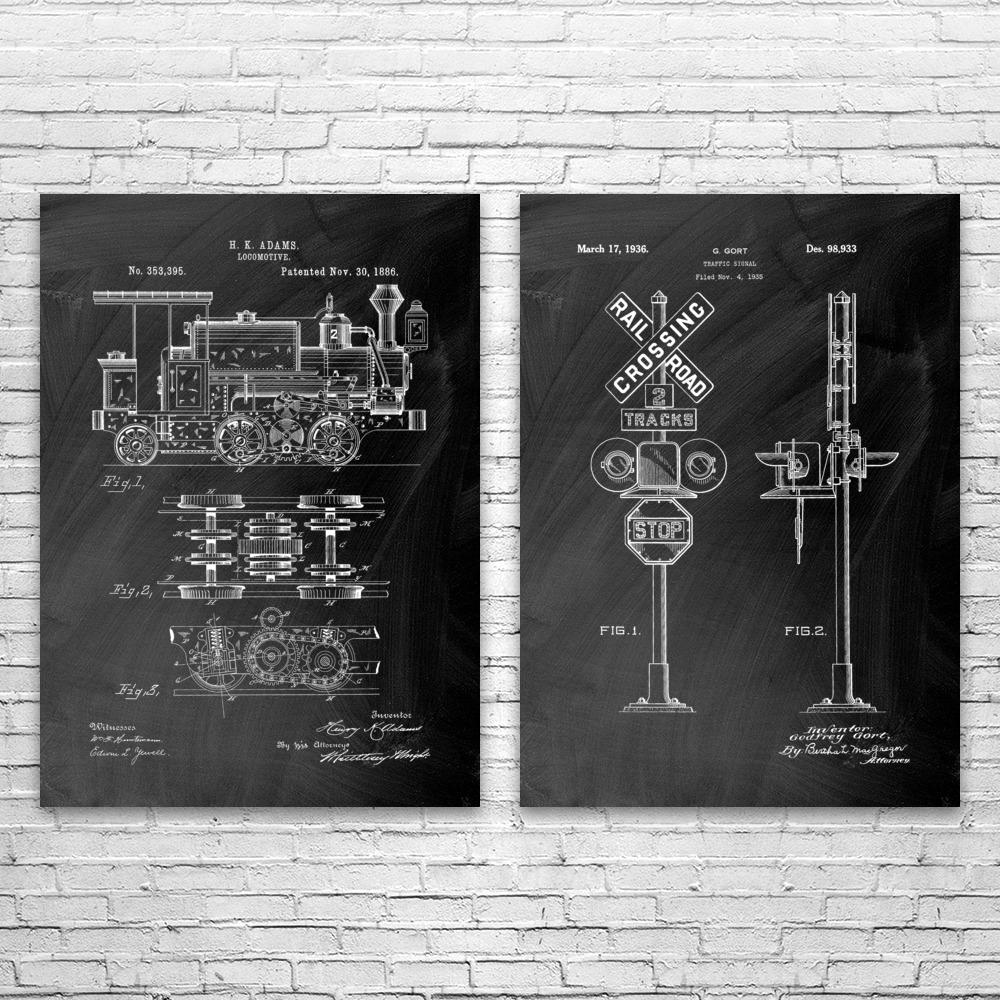 Train Patent Wall Art Set of 2 Poster, Canvas or Framed Train Station Art