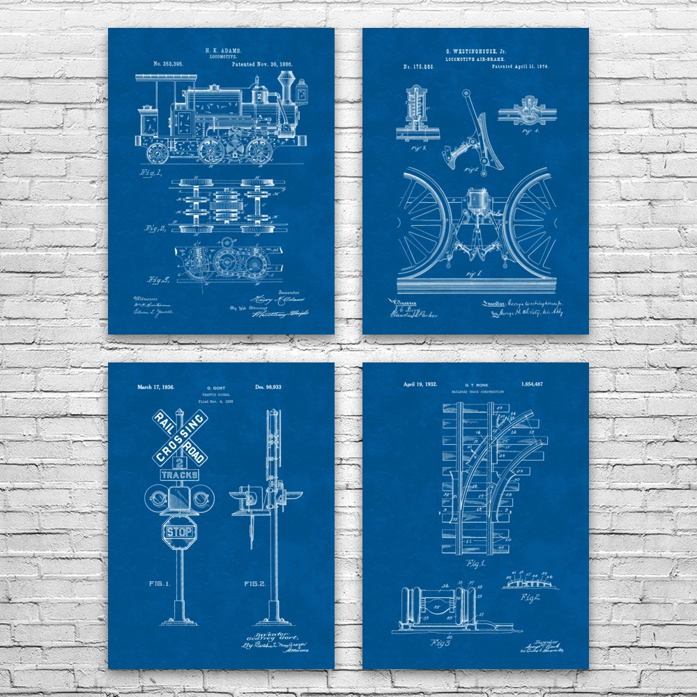 Train Patent Wall Art Set of 4 Poster, Canvas or Framed Train Station Art - Picture 8 of 12