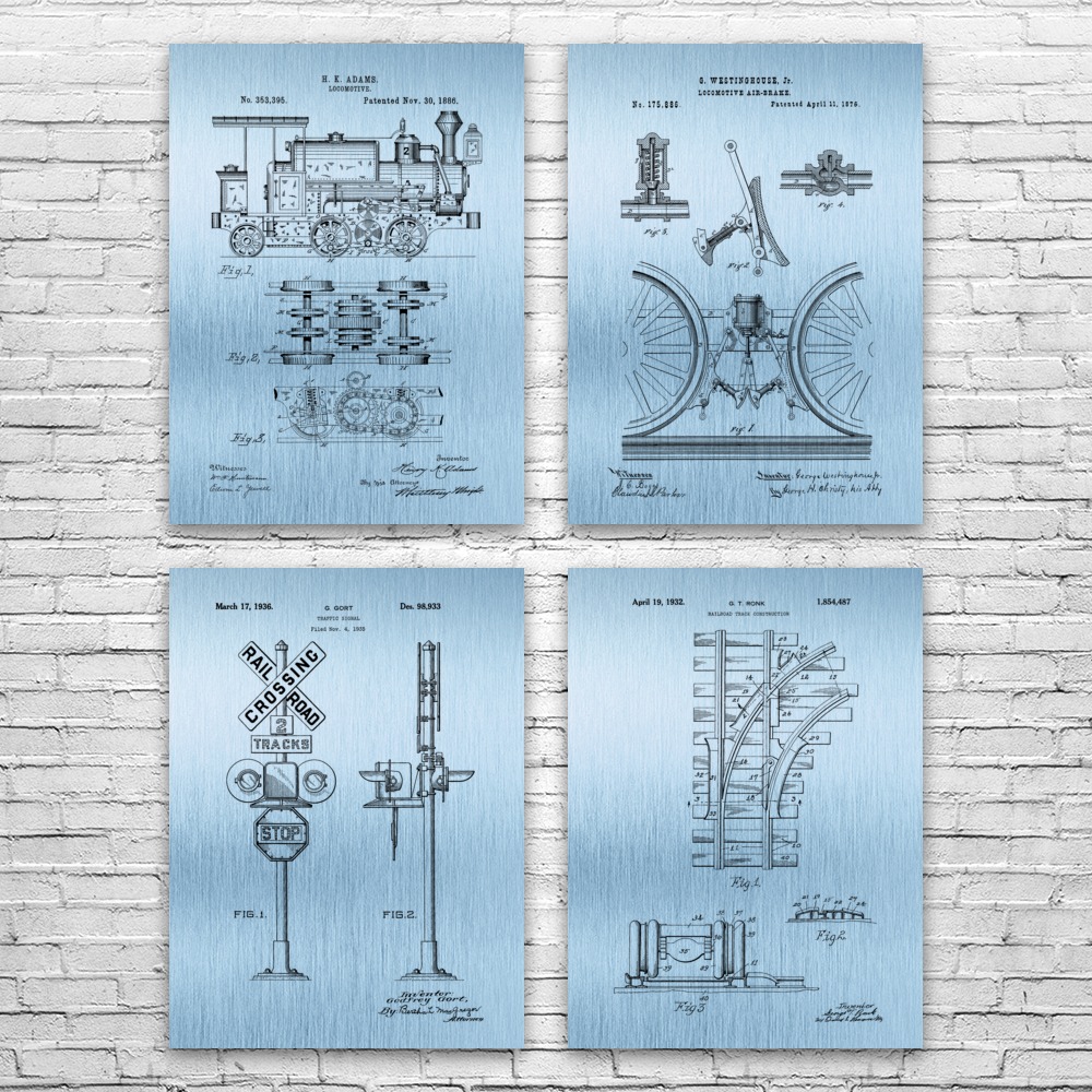 Train Patent Wall Art Set of 4 Poster, Canvas or Framed Train Station Art - Picture 10 of 12
