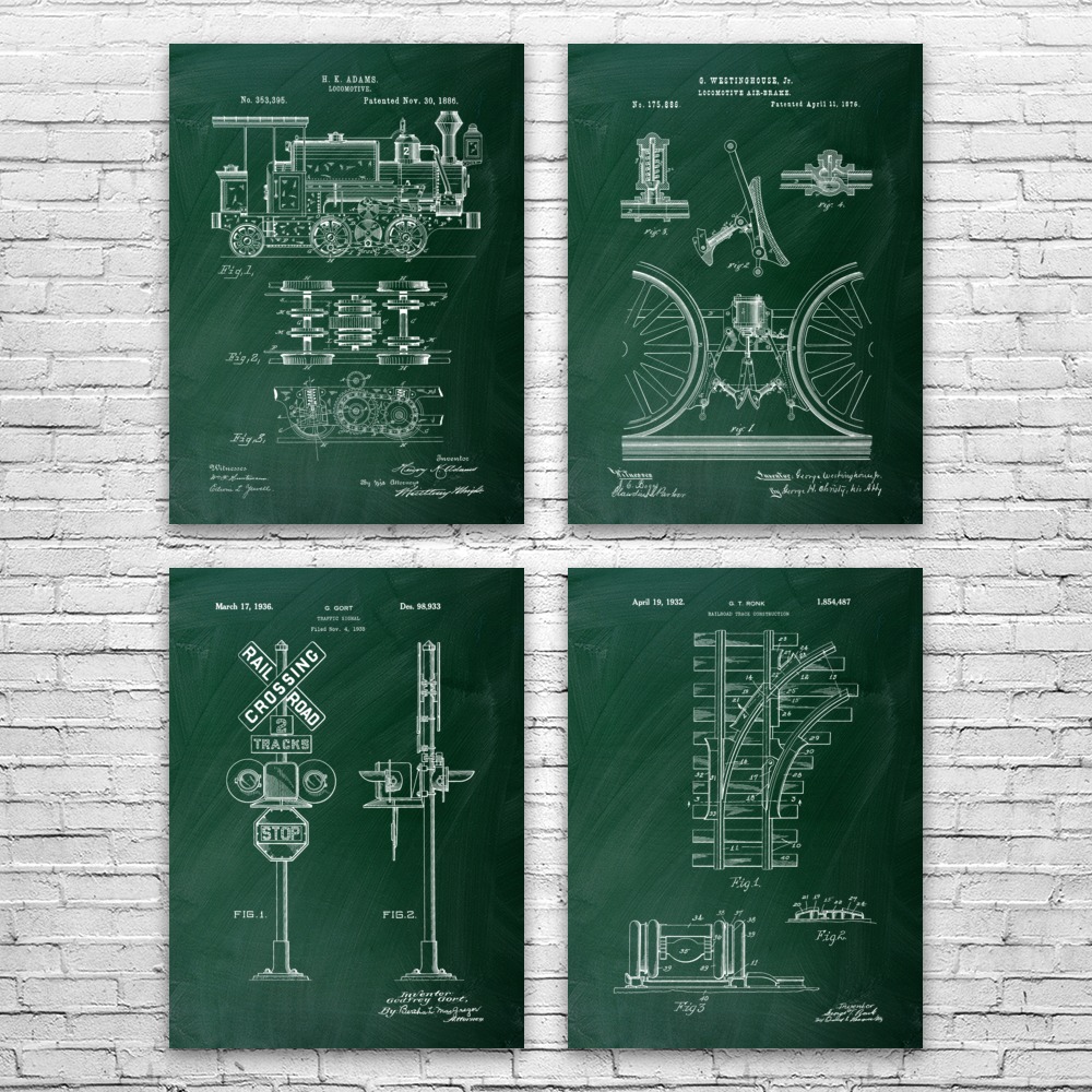 Train Patent Wall Art Set of 4 Poster, Canvas or Framed Train Station Art - Picture 7 of 12
