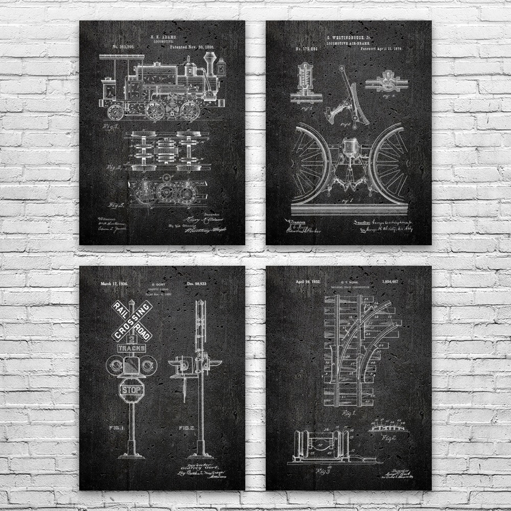 Train Patent Wall Art Set of 4 Poster, Canvas or Framed Train Station Art - Picture 9 of 12
