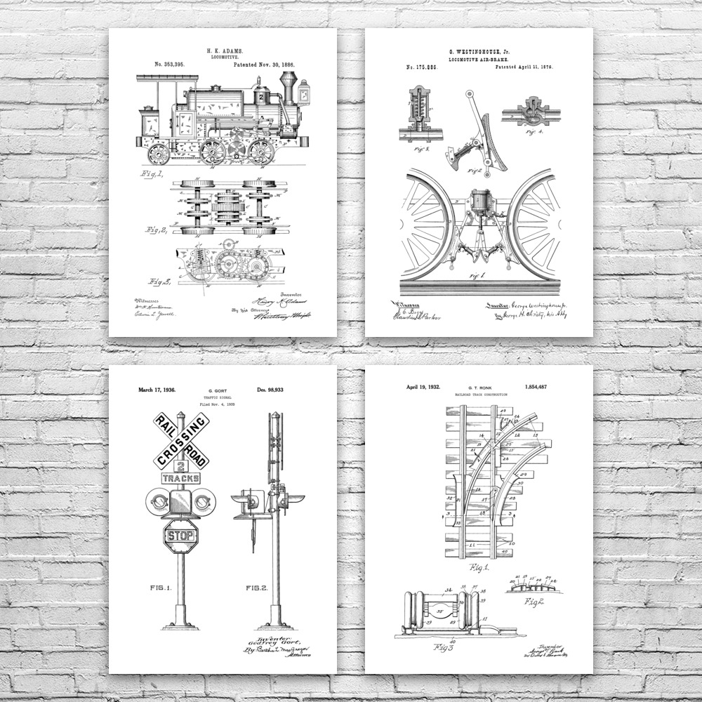 Train Patent Wall Art Set of 4 Poster, Canvas or Framed Train Station Art - Picture 11 of 12