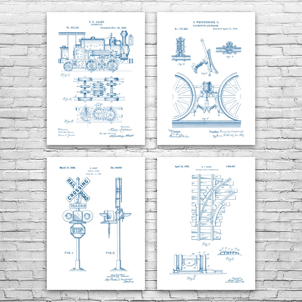 Train Patent Wall Art Set of 4 Poster, Canvas or Framed Train Station Art - Picture 12 of 12