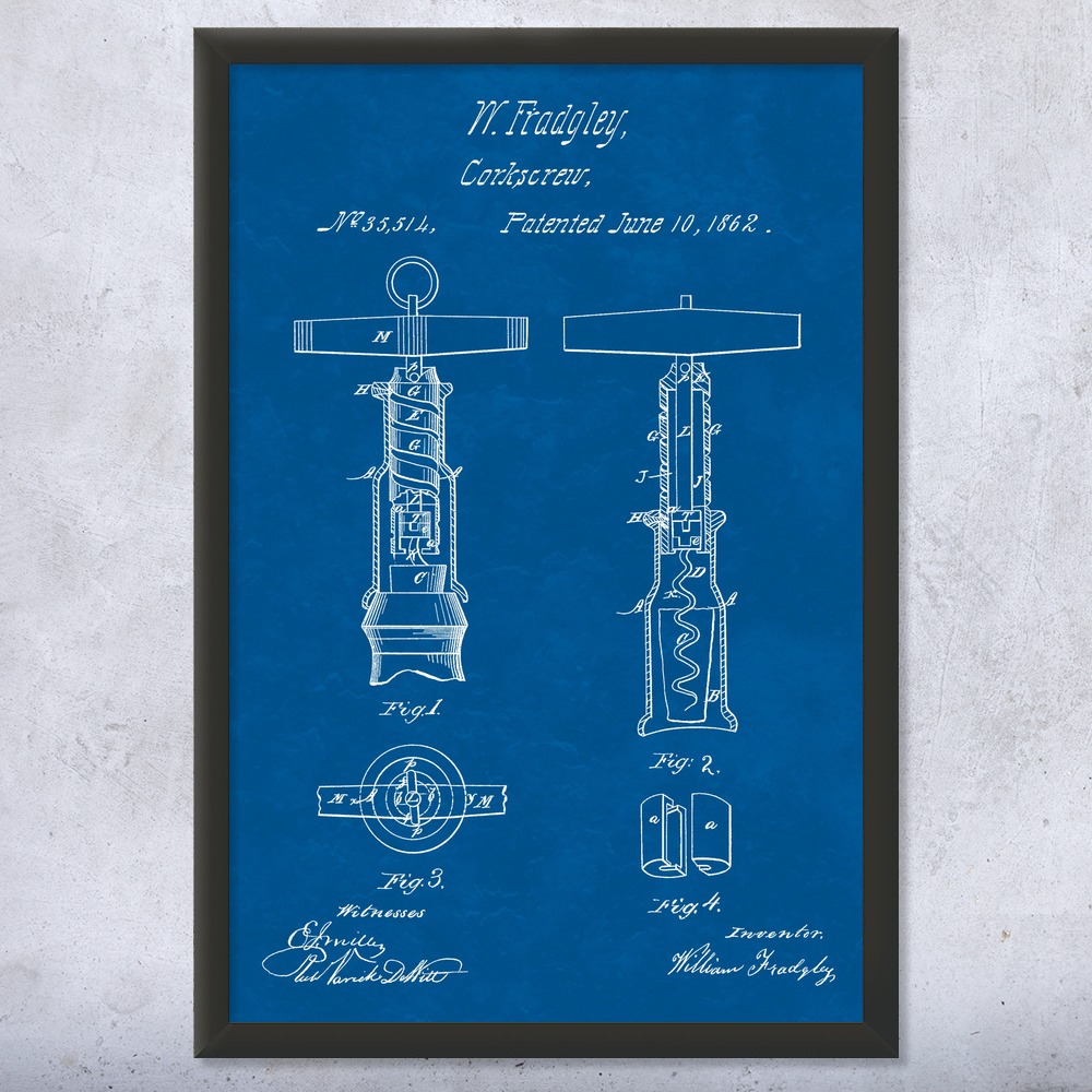 Corkscrew Patent Wall Art Poster, Canvas or Framed Wine Bar Decor Restaurant Art - Picture 11 of 15