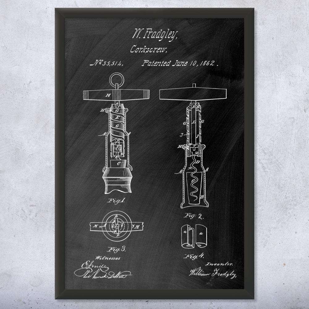 Corkscrew Patent Wall Art Poster, Canvas or Framed Wine Bar Decor Restaurant Art - Picture 10 of 15