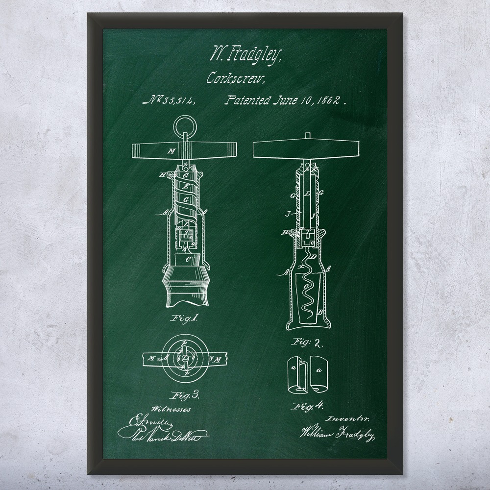 Corkscrew Patent Wall Art Poster, Canvas or Framed Wine Bar Decor Restaurant Art - Picture 9 of 15