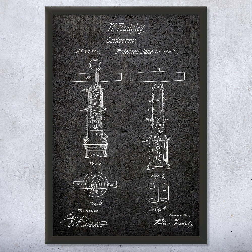 Corkscrew Patent Wall Art Poster, Canvas or Framed Wine Bar Decor Restaurant Art - Picture 12 of 15