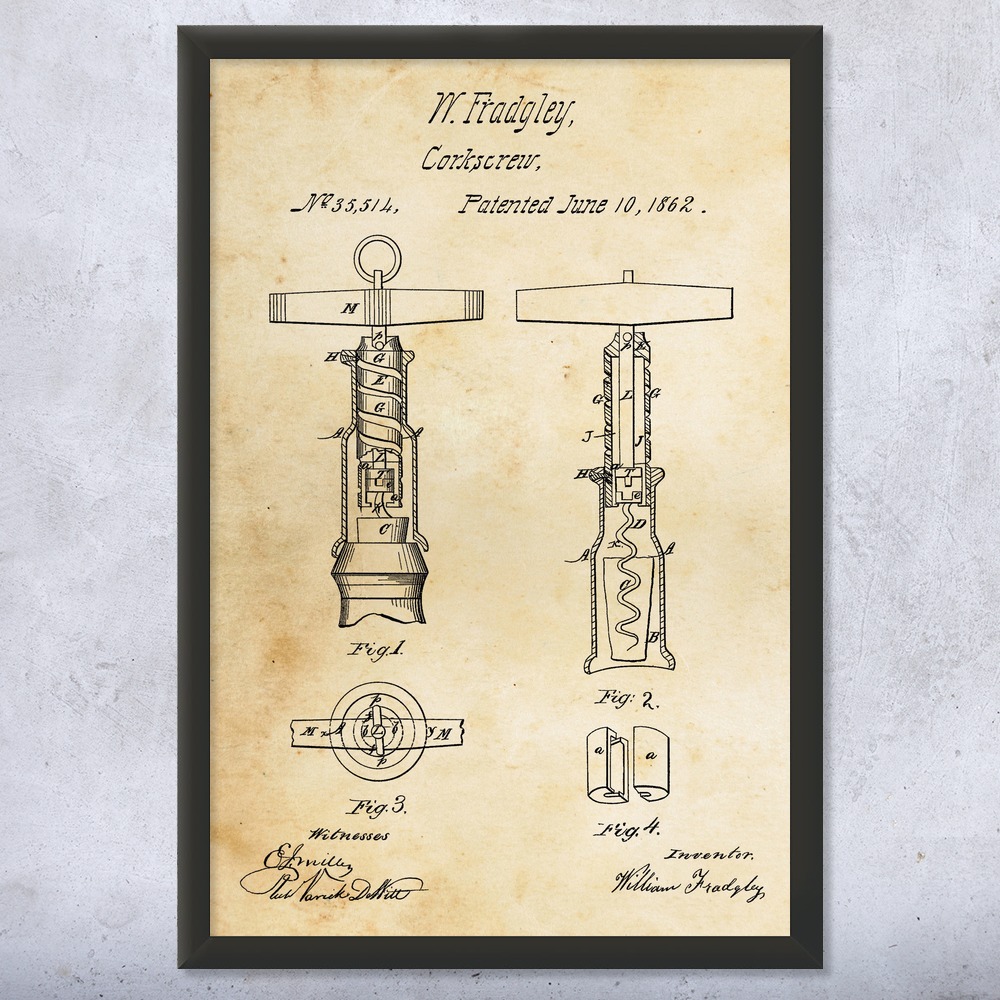Corkscrew Patent Wall Art Poster, Canvas or Framed Wine Bar Decor Restaurant Art - Picture 8 of 15