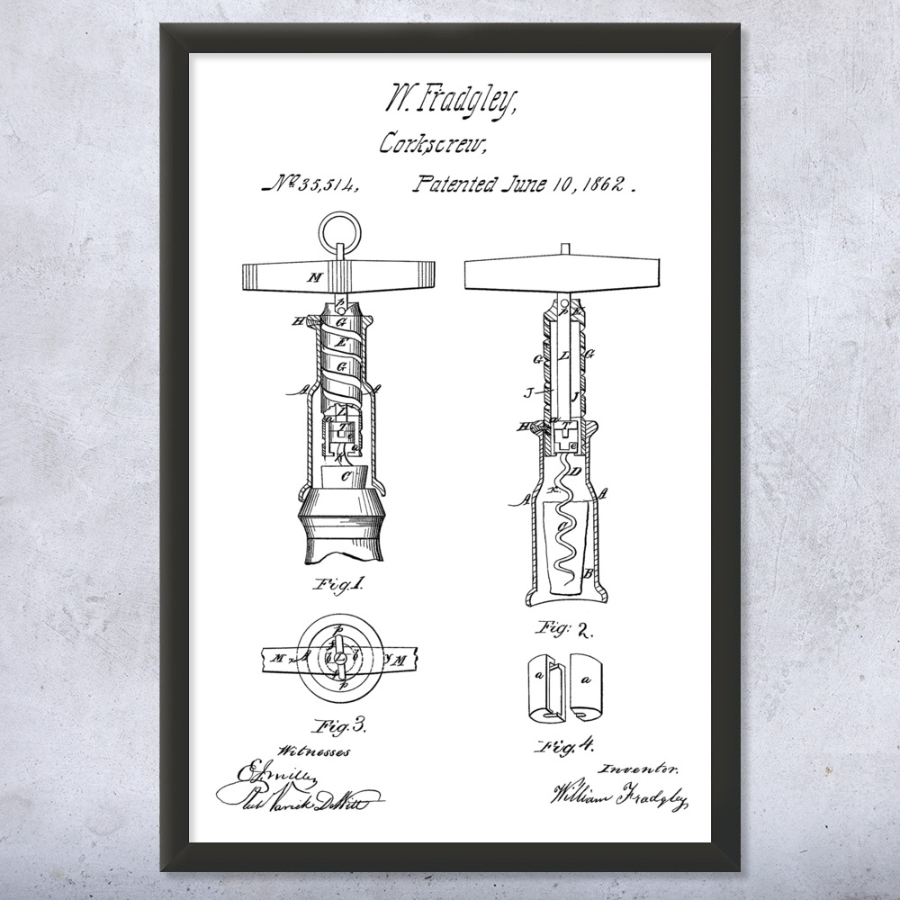 Corkscrew Patent Wall Art Poster, Canvas or Framed Wine Bar Decor Restaurant Art - Picture 14 of 15
