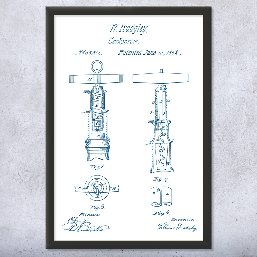 Corkscrew Patent Wall Art Poster, Canvas or Framed Wine Bar Decor Restaurant Art - Picture 15 of 15