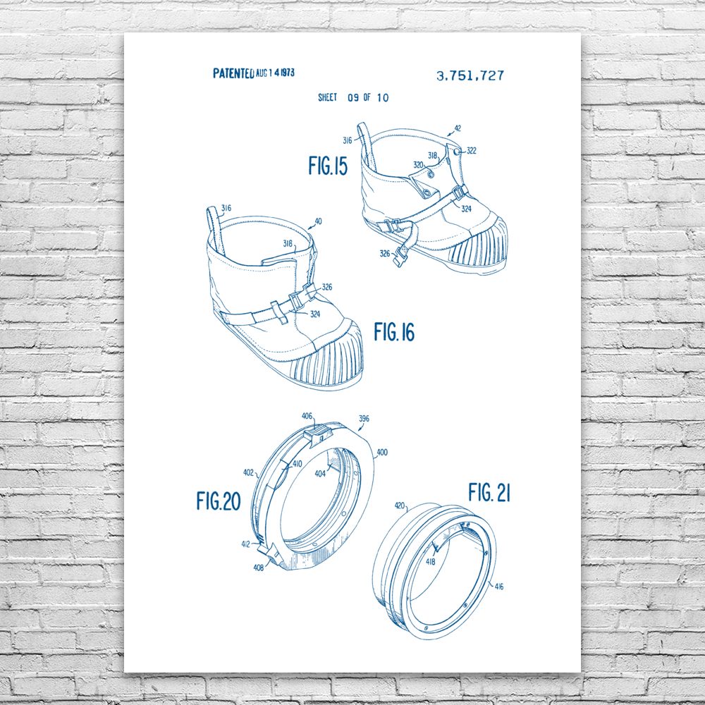 Space Suit Lunar Shoes Patent Print NASA Apollo Boots Travel Technology Engineer