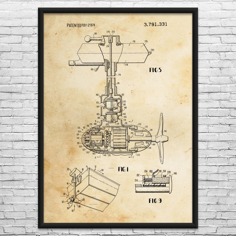 Electric Outboard Motor Patent Wall Art: Fisherman Gift, Boat Blueprint