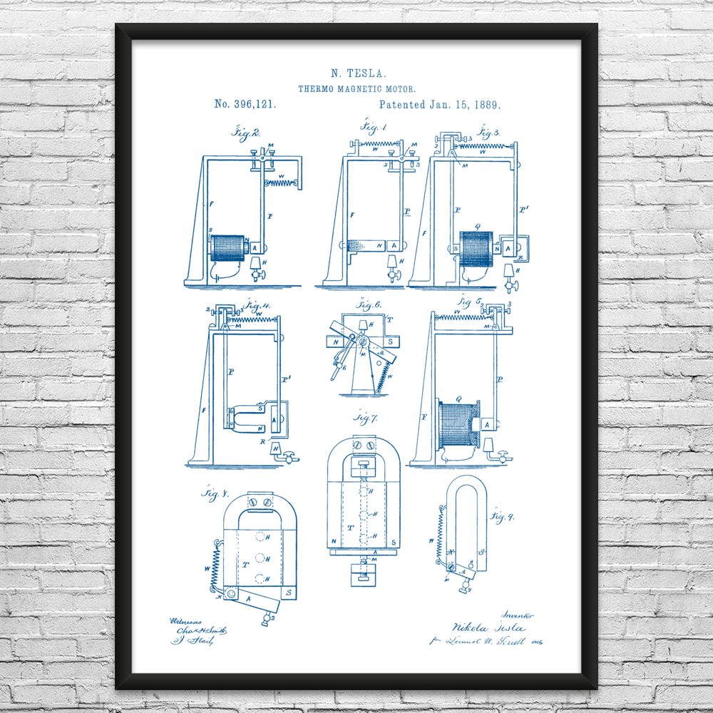 Framed Nikola Tesla Thermo Magnetic Motor Wall Art Print Tesla Inventions