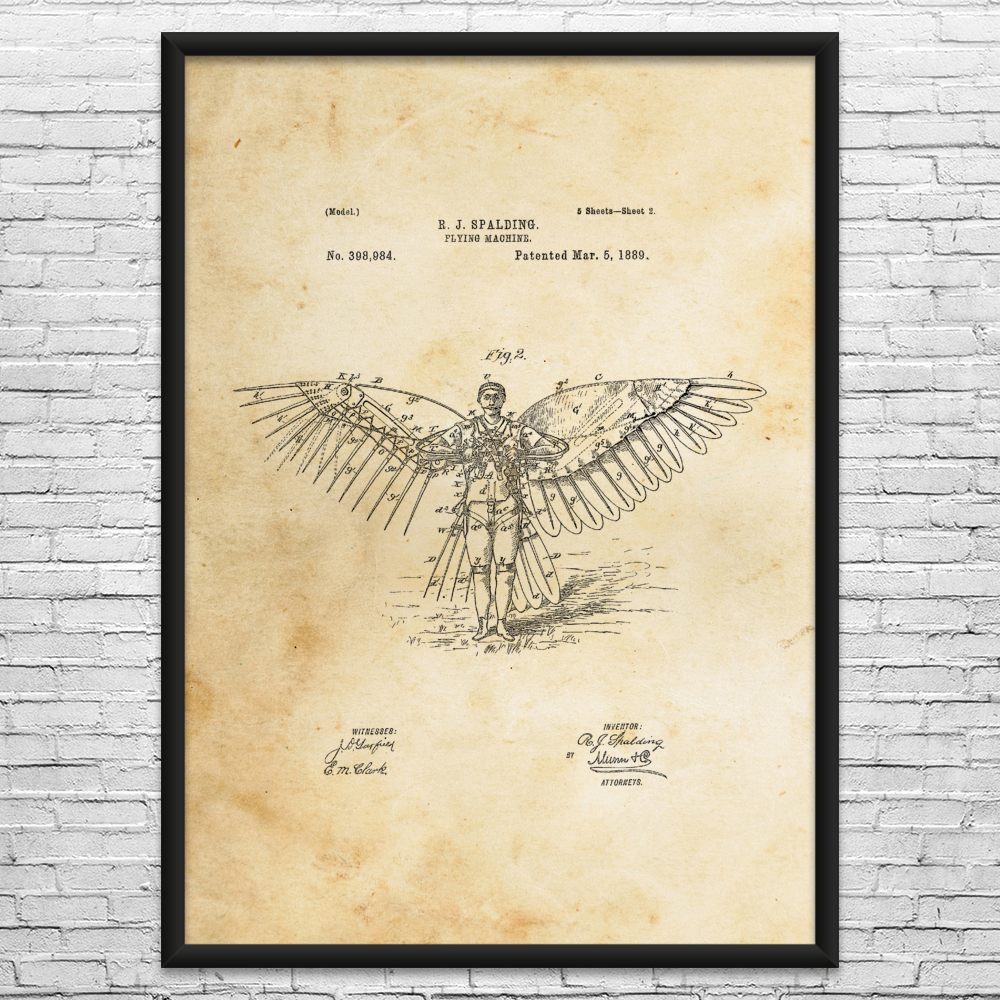 Flying Machine Wings Patent Wall Art: Pilot Gift, Aviation Decor, Steampunk Art