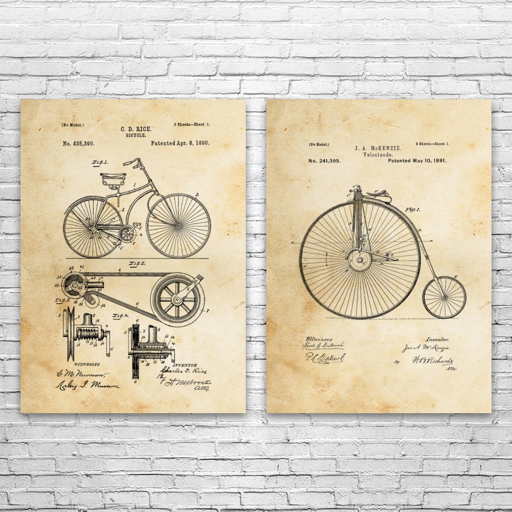 Bicycle Patent Wall Art Set of 2 Poster, Canvas or Framed Bike Art Cycling Gifts
