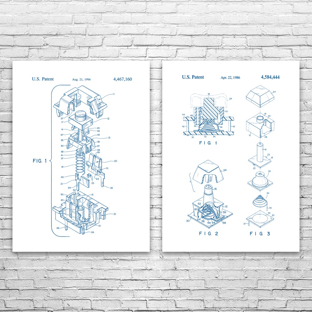 Mechanical Keyboard Patent Prints Set of 2 Computer Lab Art Programmer Gift