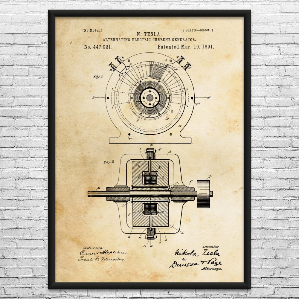 Nikola Tesla AC Current Generator Patent Wall Art: Classroom Wall Art