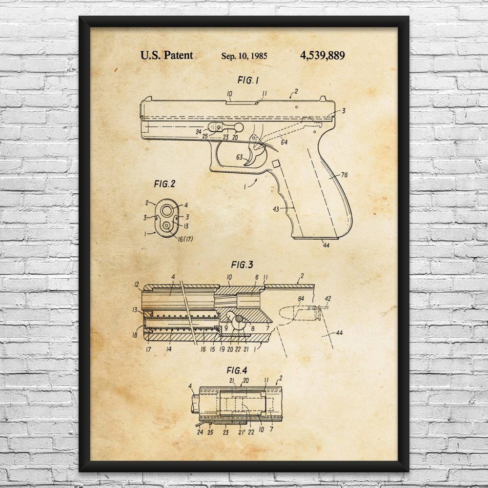 Automatic Pistol Patent Wall Art: Gun Club Art, Policeman Gift, Gun Blueprint