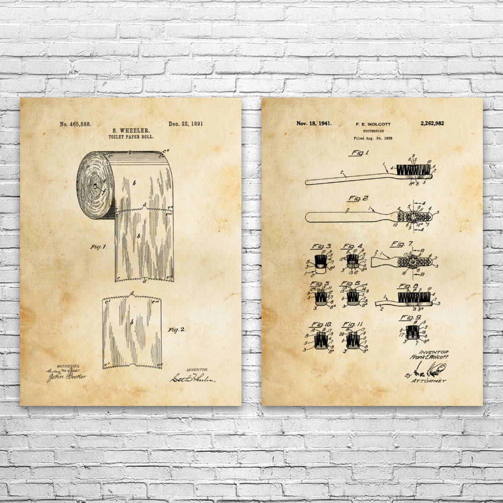 Bathroom Patent Wall Art Set of 2 Poster, Canvas or Framed Bathroom Decor - Picture 5 of 11