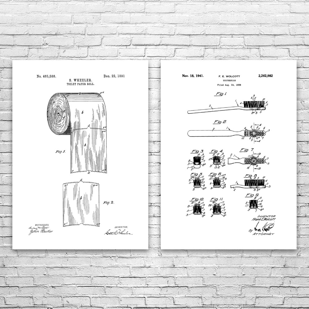 Bathroom Patent Wall Art Set of 2 Poster, Canvas or Framed Bathroom Decor - Picture 10 of 11