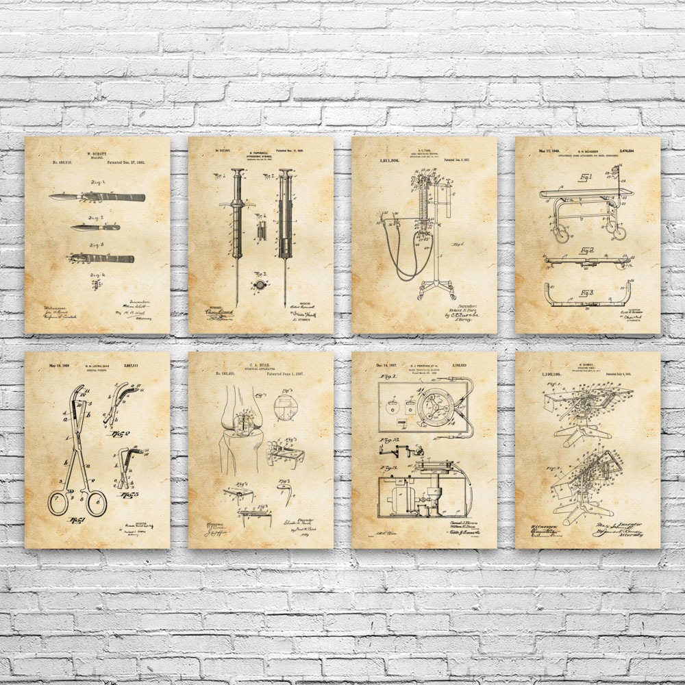 Surgery Patent Wall Art Set of 8 Poster, Canvas or Framed Surgeon Gift