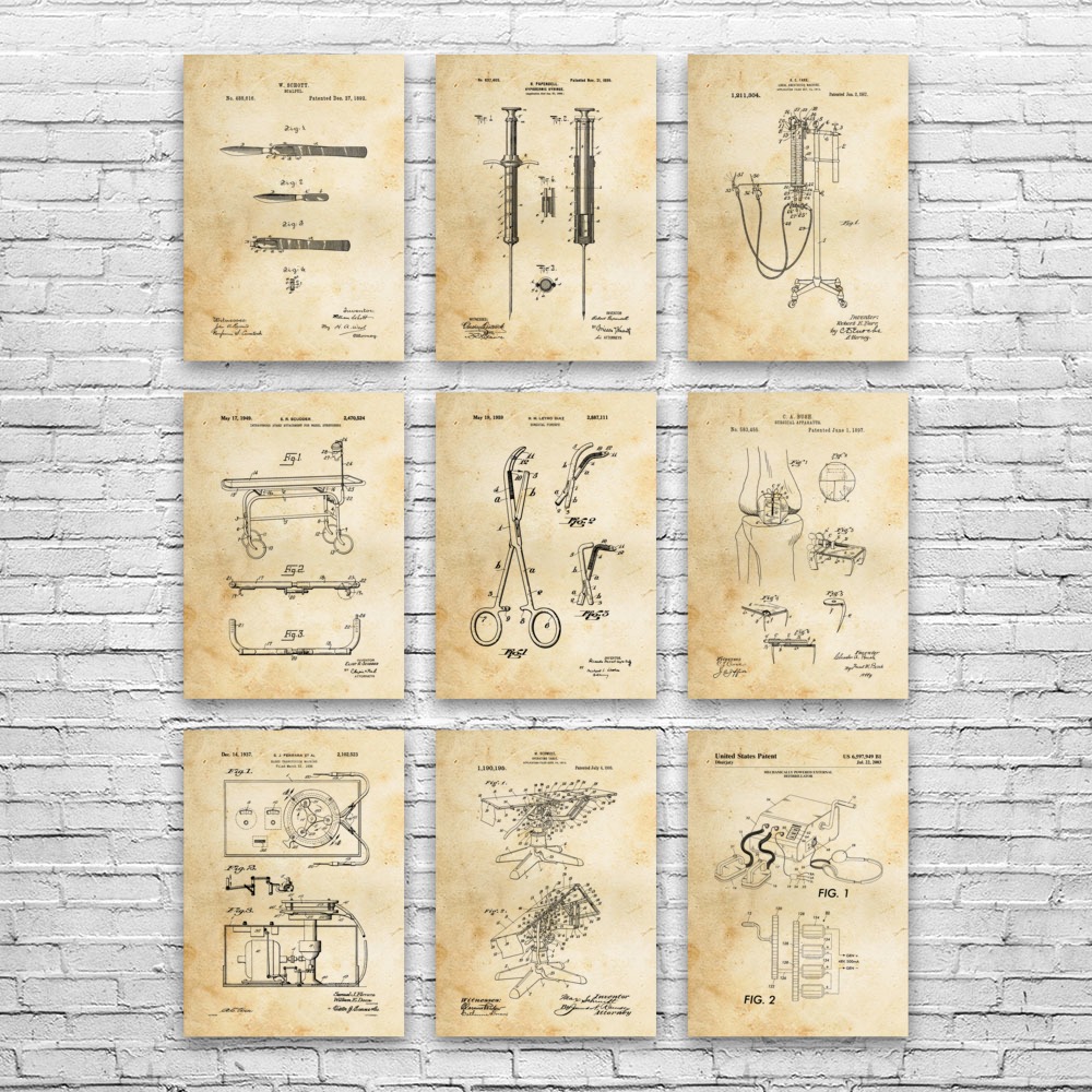 Surgery Patent Wall Art Set of 9 Poster, Canvas or Framed Surgeon Gift