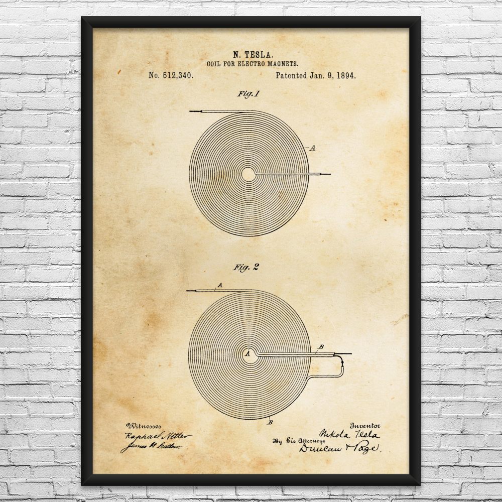 Nikola Tesla Coil For Electromagnets Patent Wall Art: Engineer Gift