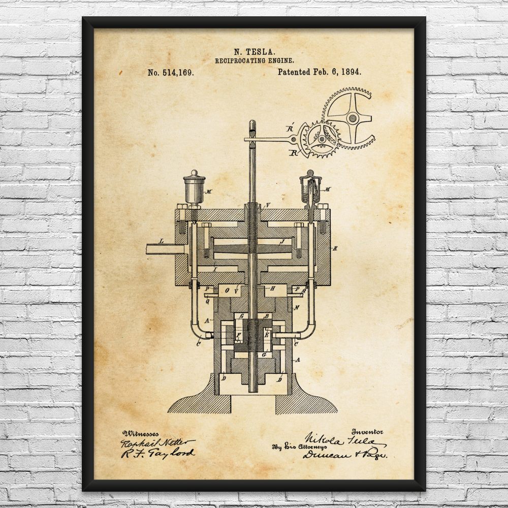 Nikola Tesla Reciprocating Engine Patent Wall Art: Tesla Inventions, Workshop