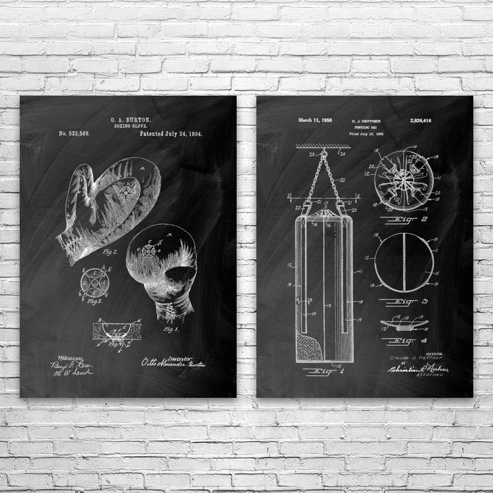 Boxing Patent Wall Art Set of 2 Poster, Canvas or Framed Boxing Posters