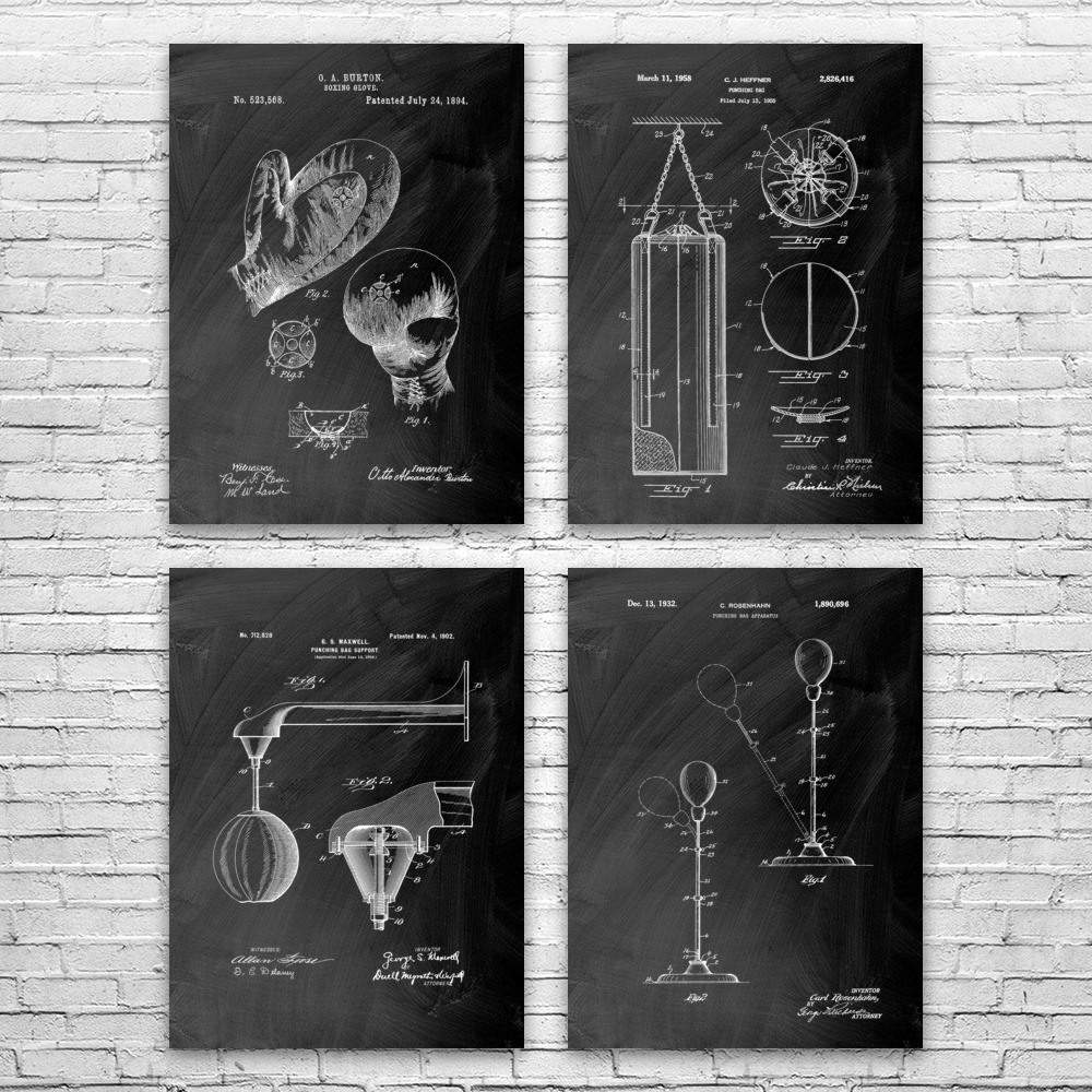 Boxing Patent Wall Art Set of 4 Poster, Canvas or Framed Boxing Posters