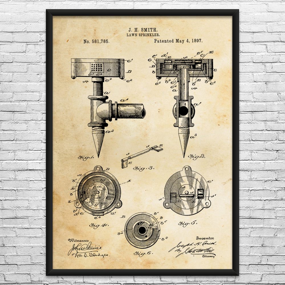 Lawn Sprinkler Patent Wall Art: Landscaper Gifts, Tool Shed Art, Lawn Care Art