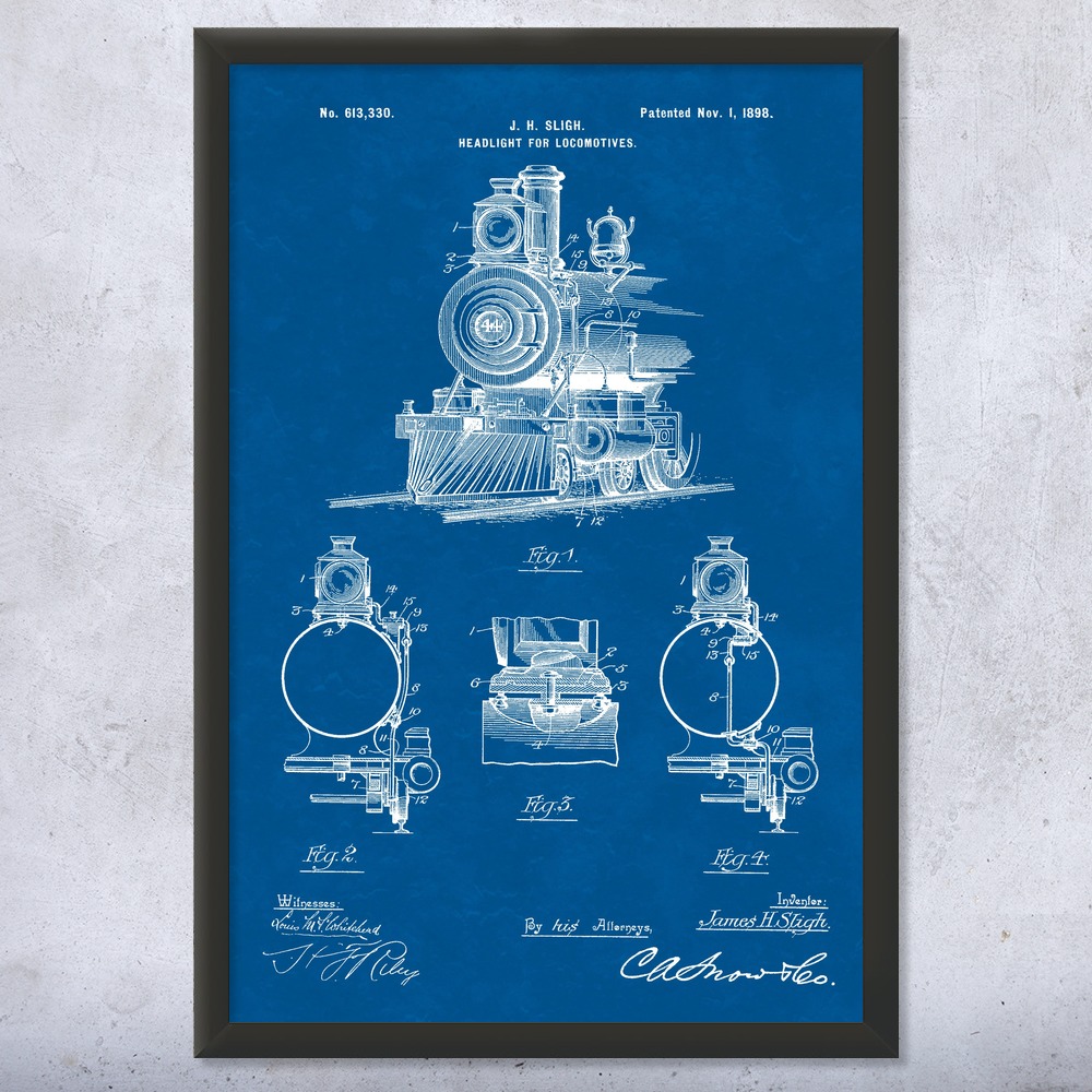 Locomotive Headlight Patent Wall Art Poster, Canvas or Framed Train Decor - Picture 11 of 15
