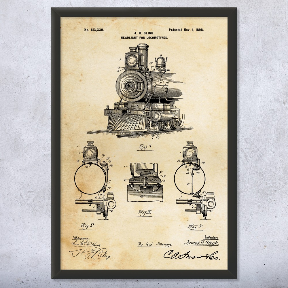 Locomotive Headlight Patent Wall Art Poster, Canvas or Framed Train Decor - Picture 8 of 15