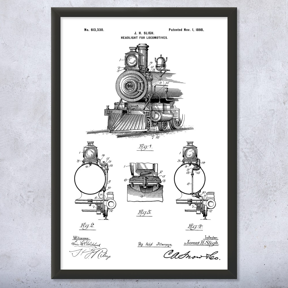 Locomotive Headlight Patent Wall Art Poster, Canvas or Framed Train Decor - Picture 14 of 15
