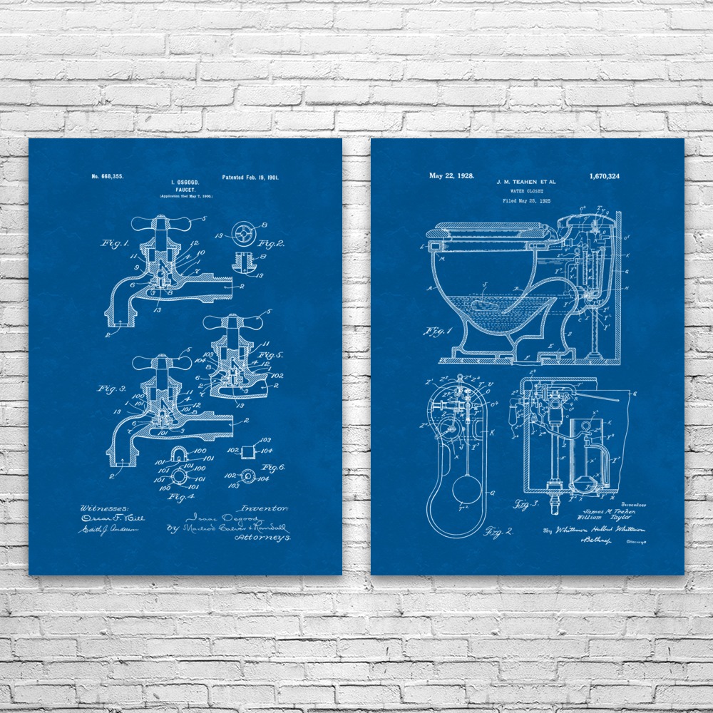 Plumbing Patent Wall Art Set of 2 Poster, Canvas or Framed Bathroom Wall Art - Picture 8 of 12