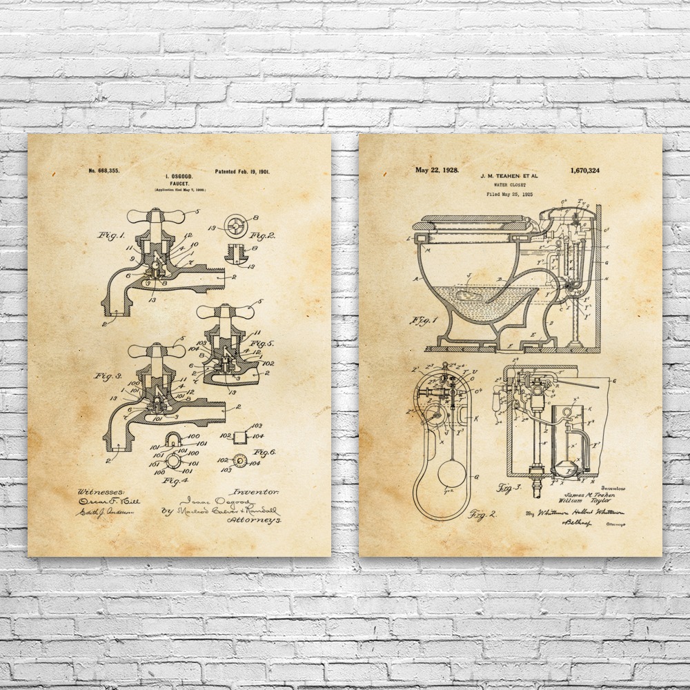 Plumbing Patent Wall Art Set of 2 Poster, Canvas or Framed Bathroom Wall Art - Picture 6 of 12