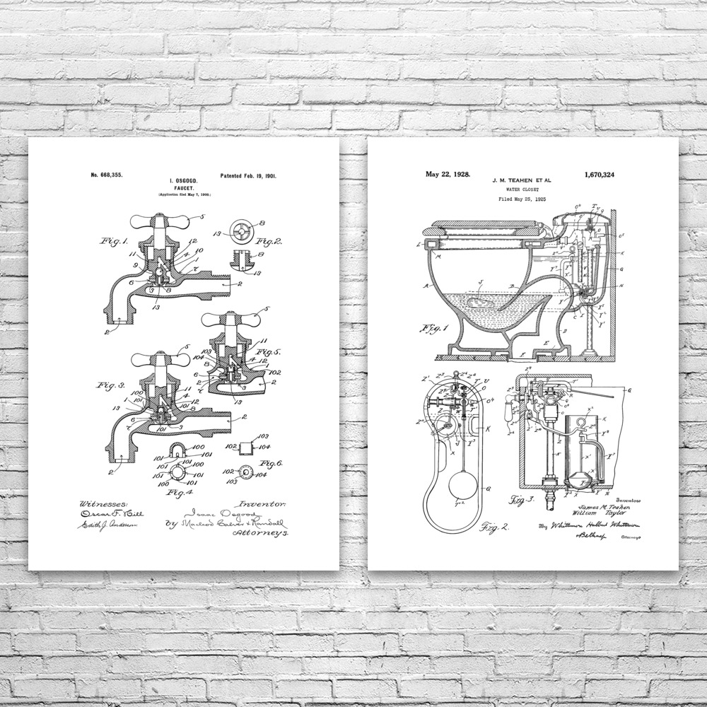 Plumbing Patent Wall Art Set of 2 Poster, Canvas or Framed Bathroom Wall Art - Picture 11 of 12