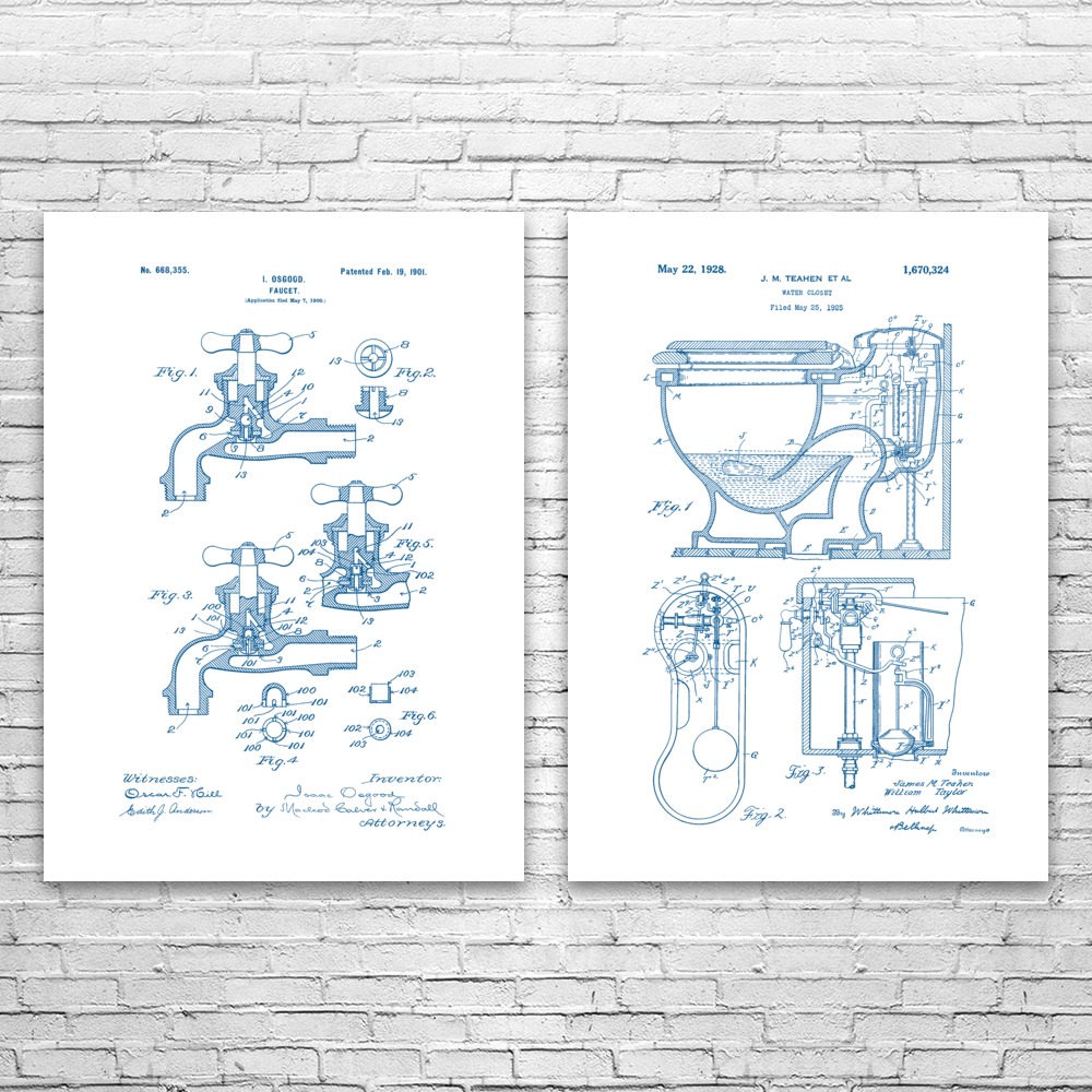 Plumbing Patent Wall Art Set of 2 Poster, Canvas or Framed Bathroom Wall Art - Picture 12 of 12