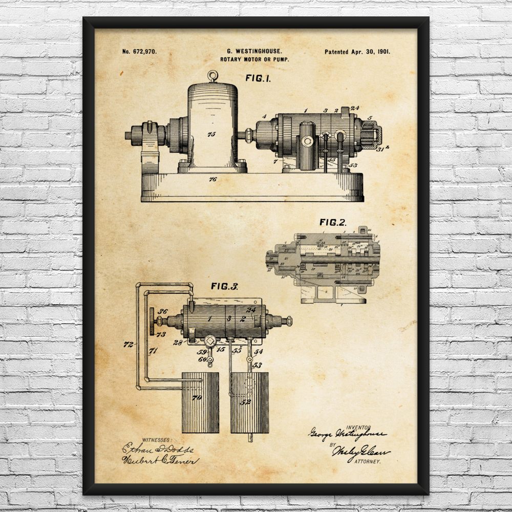 Westinghouse Rotary Motor Patent Wall Art: Engineer Gifts, Motor Art Print