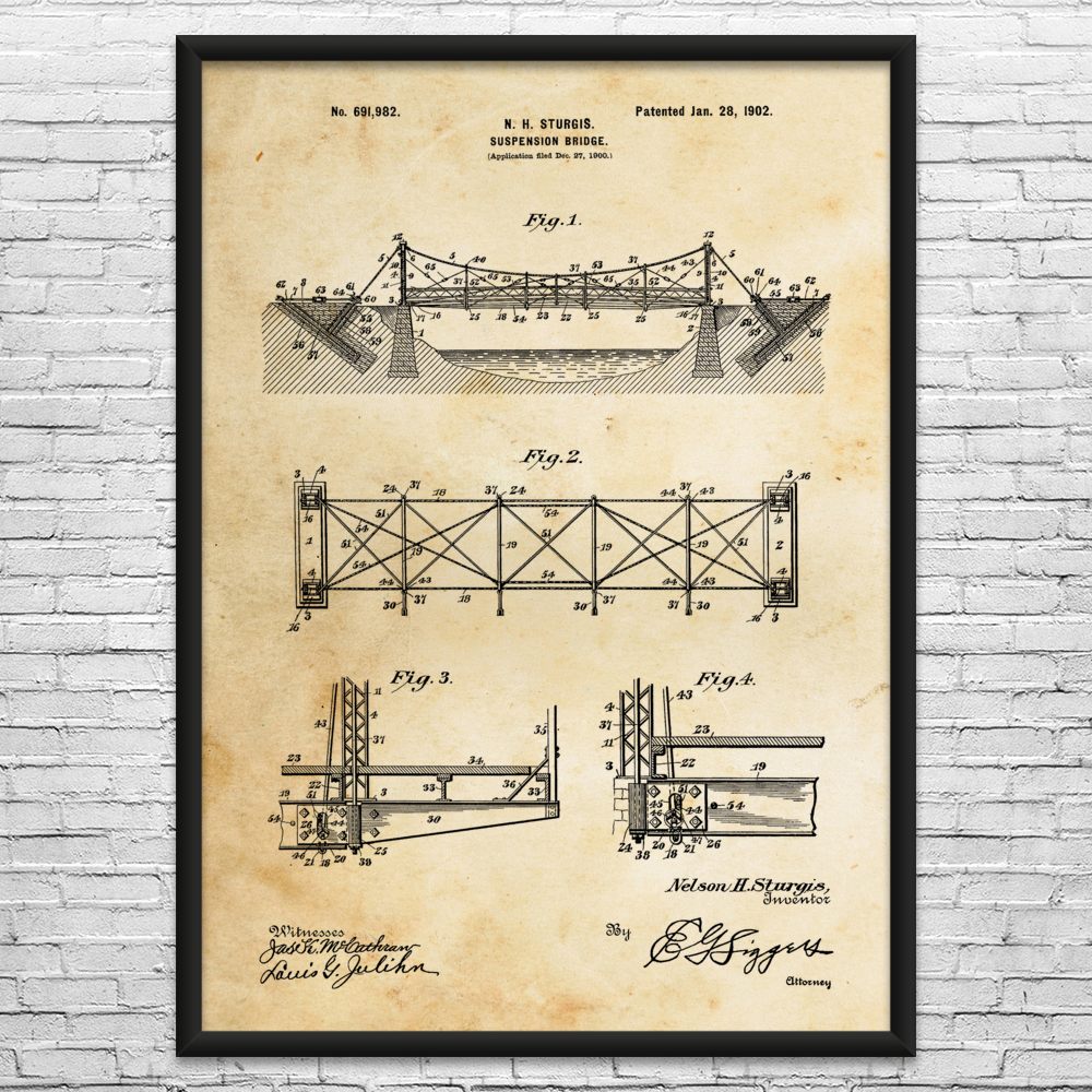 Suspension Bridge Patent Wall Art: Structural Engineer, Architect Gift