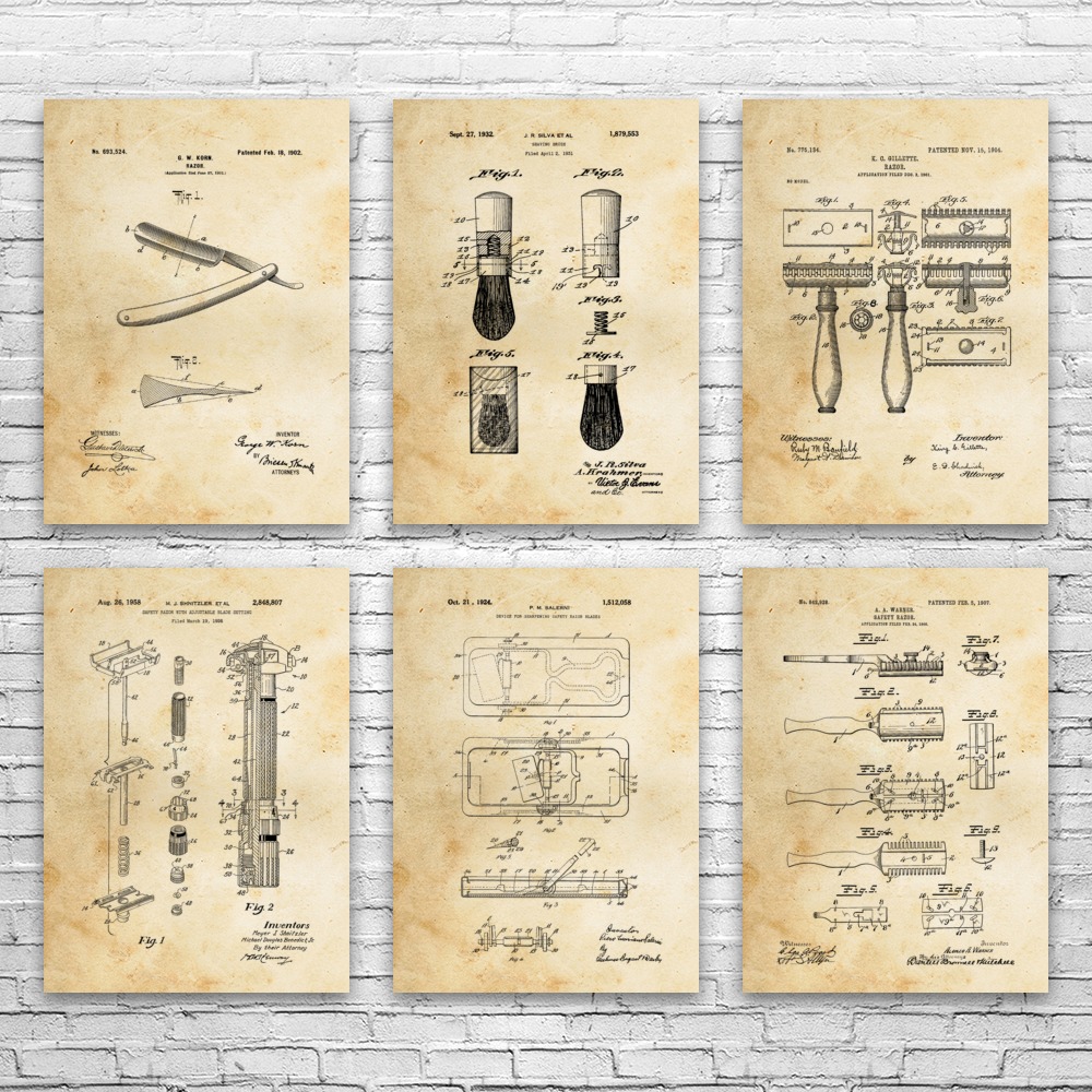 Shaving Patent Wall Art Set of 6 Poster, Canvas or Framed Barber Shop Decor