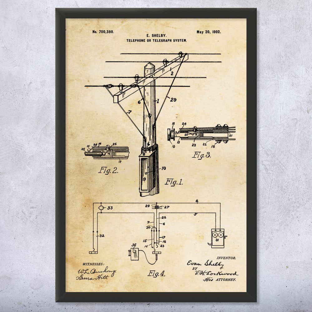 Telephone Pole Patent Wall Art Poster, Canvas or Framed Telecom Gift Lineman Art