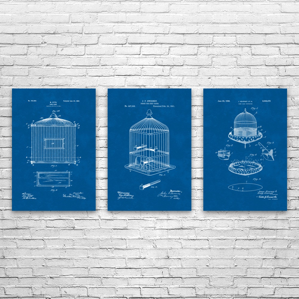 Bird Cage Patent Wall Art Set of 3 Poster, Canvas or Framed Pet Store Art - Picture 8 of 12