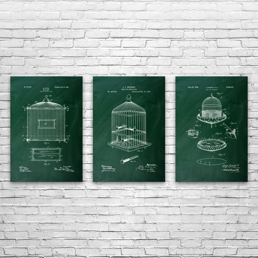 Bird Cage Patent Wall Art Set of 3 Poster, Canvas or Framed Pet Store Art - Picture 7 of 12