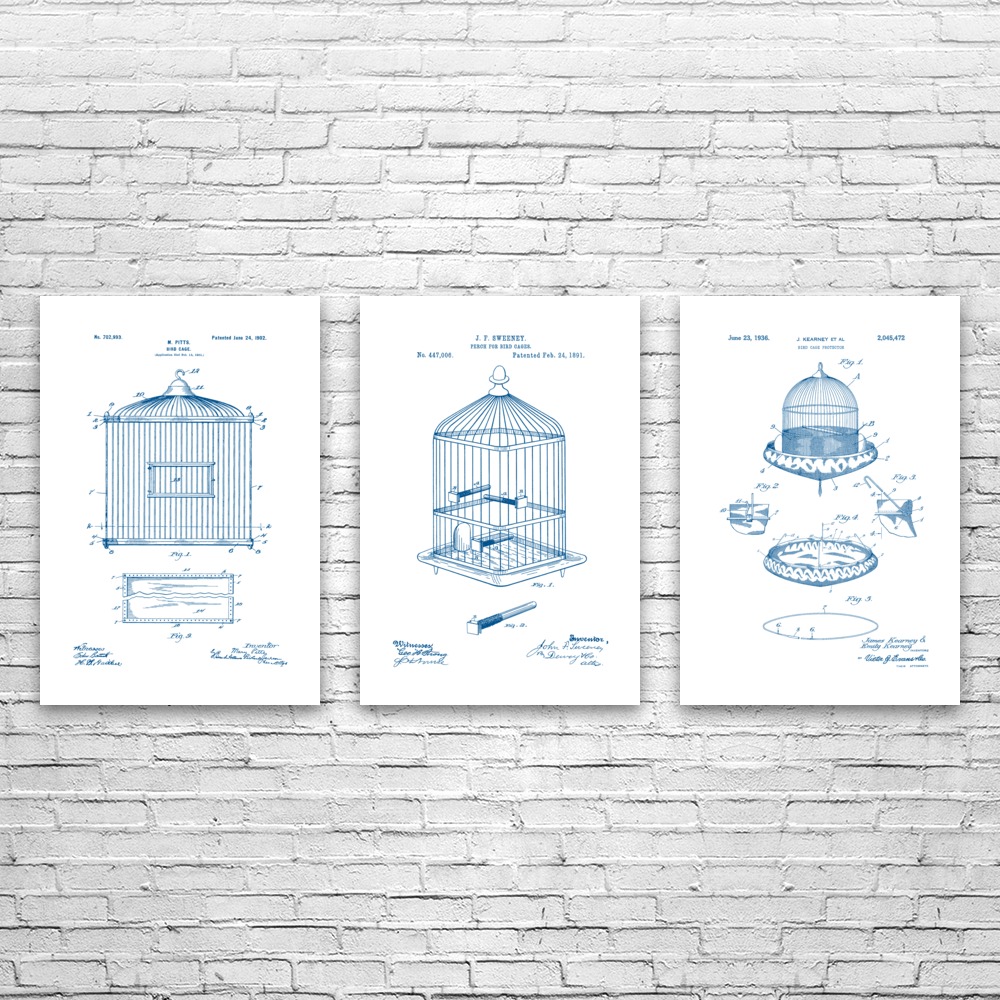 Bird Cage Patent Wall Art Set of 3 Poster, Canvas or Framed Pet Store Art - Picture 12 of 12