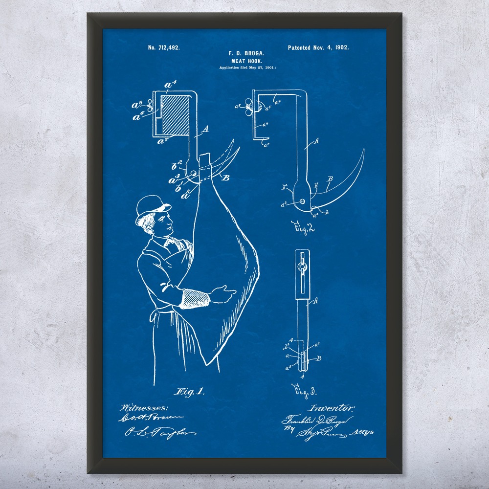 Meat Hook Patent Wall Art Poster, Canvas or Framed Butcher Gift Restaurant Decor - Picture 11 of 15